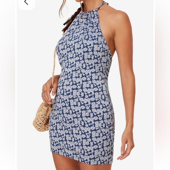 Andie Baja Halter Swim dress + Bikini Bottom Denim Floral Blue sz Small NWOT - Picture 1 of 13